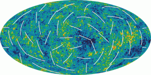 In questa mappa della radiazione di fondo cosmico, le barre bianche indicano la direzione della polarizzazione della luce più antica nell’Universo. Crediti: NASA/WMAP Science Team